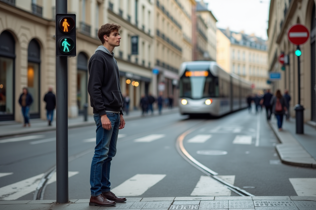 Jeune homme lisant le braille dans une ville animée
