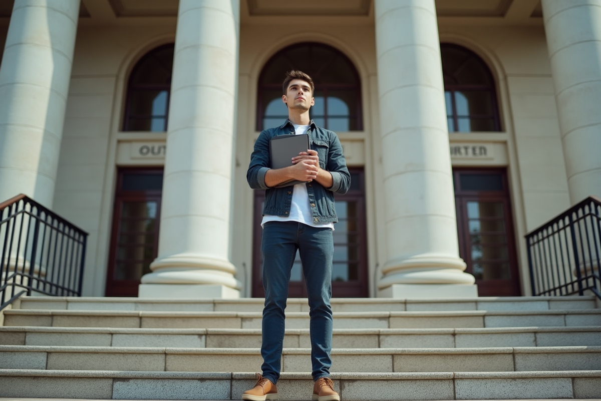 Jeune homme devant le tribunal avec dossier en main