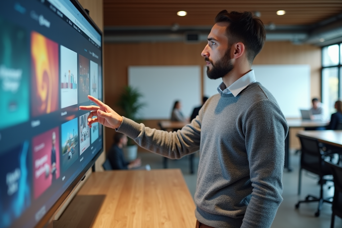 Jeune professionnel montrant un site web sur un grand écran