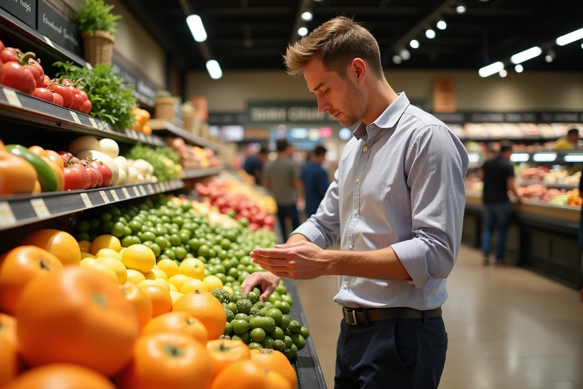 Jeune homme examinant des produits frais en magasin
