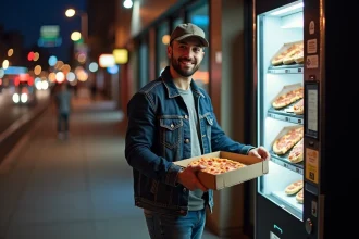 Jeune homme souriant récupérant une pizza devant une machine automatique