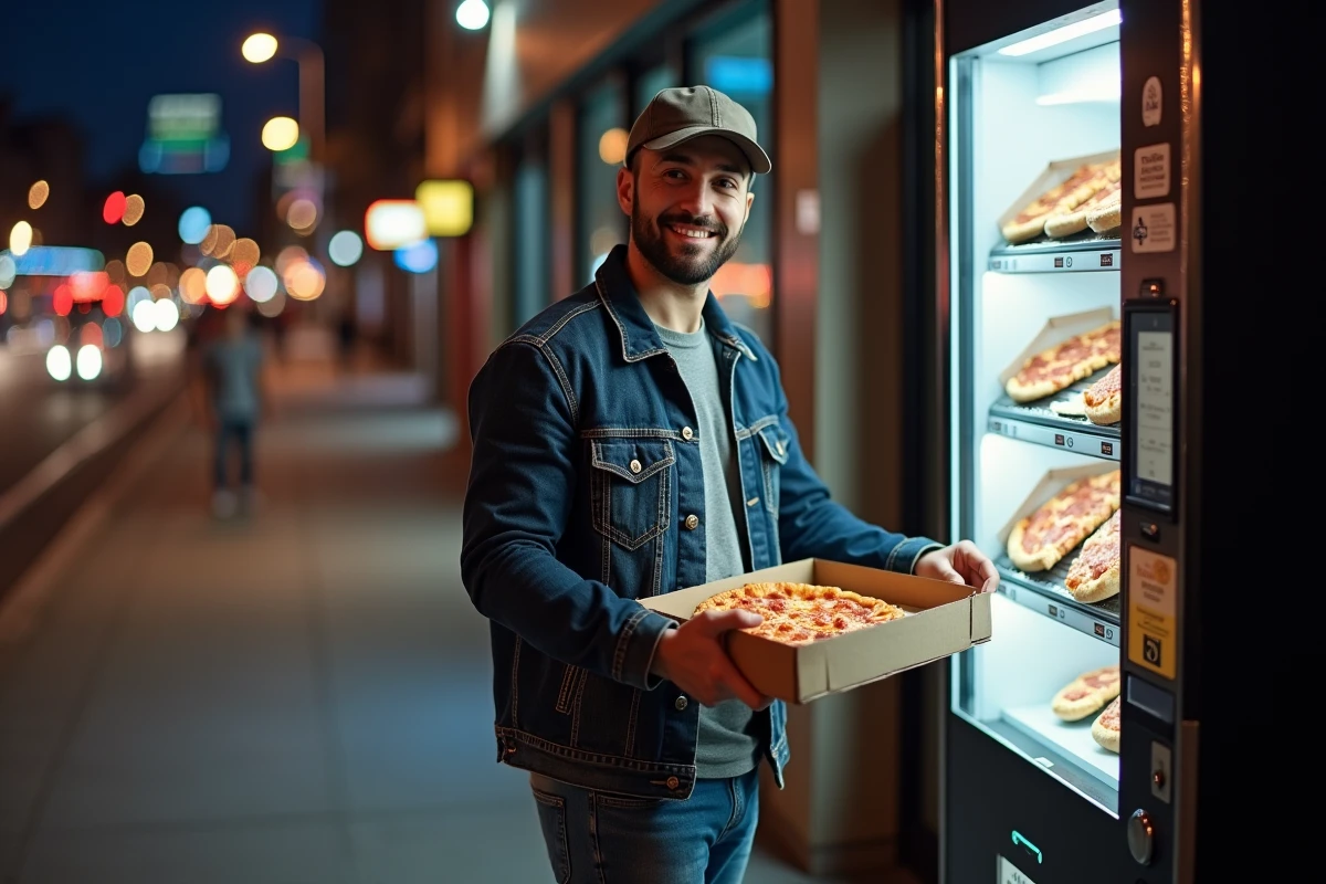 Jeune homme souriant récupérant une pizza devant une machine automatique