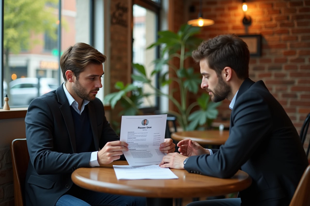 Jeune homme examine un CV avec un coach au café