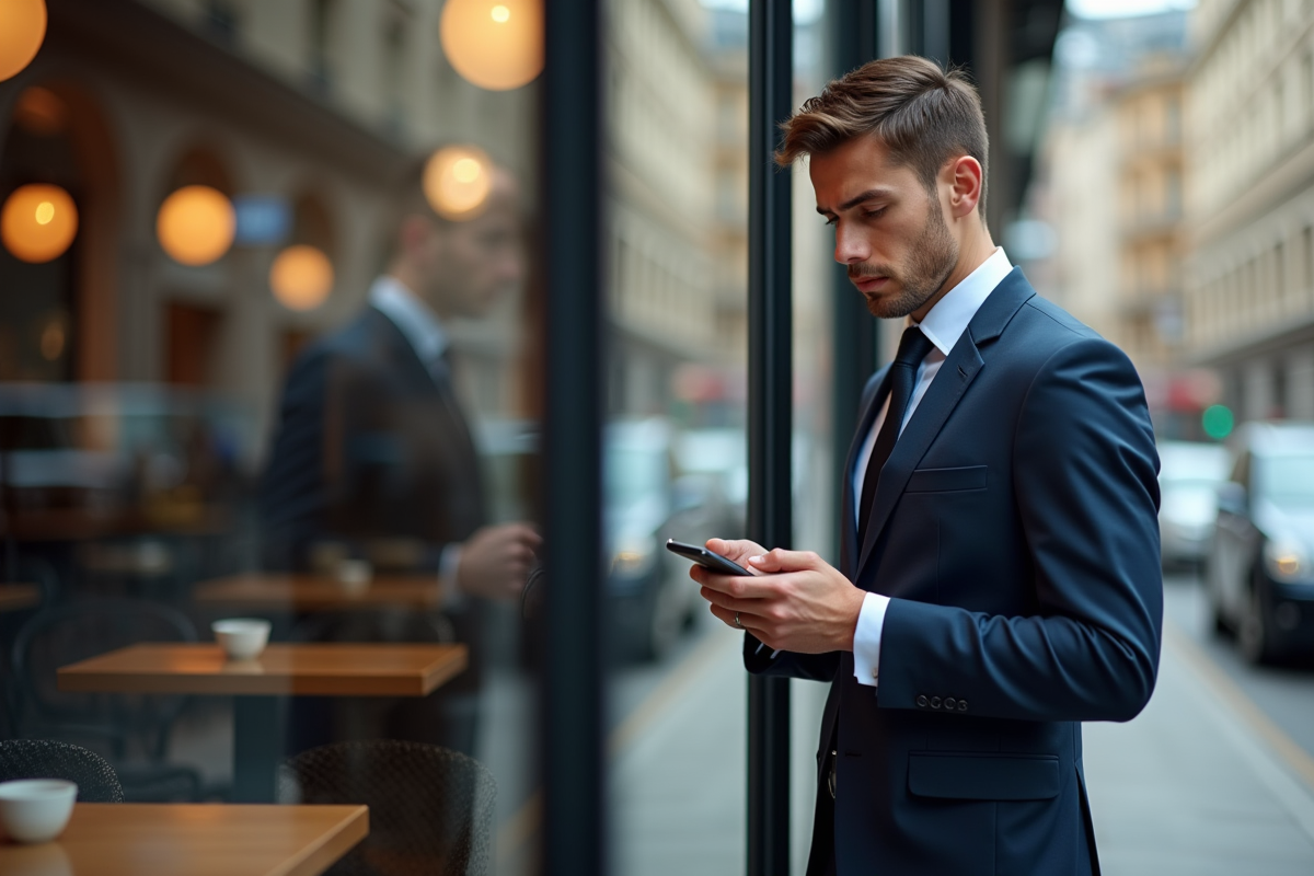 Jeune professionnel regardant son téléphone dans un café urbain