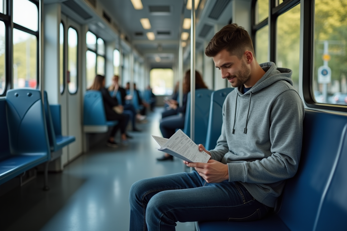 Jeune homme dans un tram français avec titre de transport