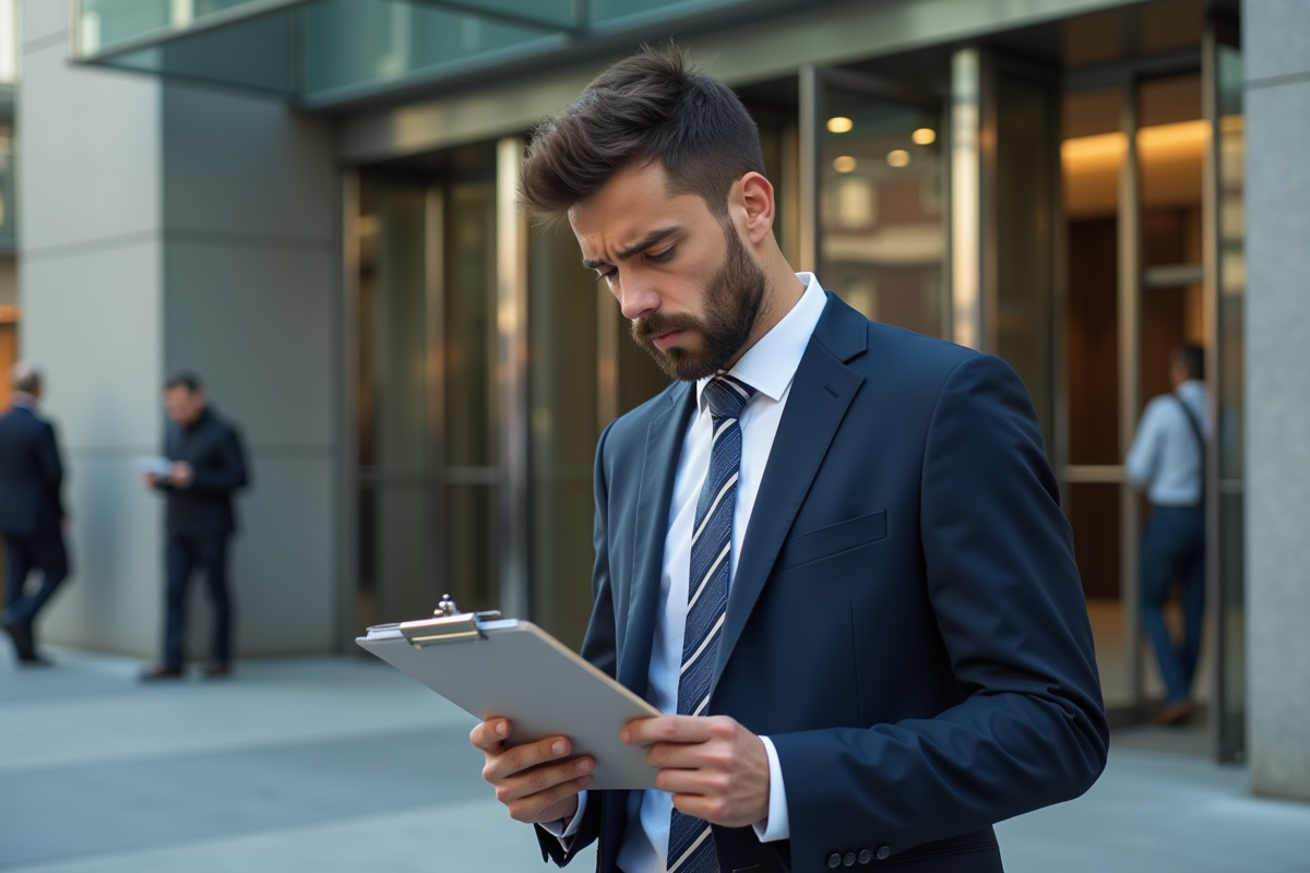 Jeune homme en costume dans un quartier d