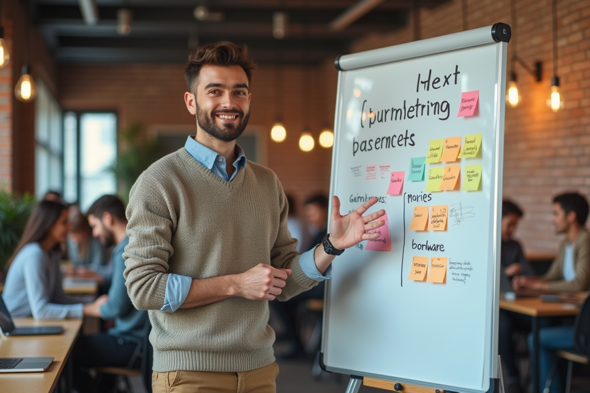 Jeune homme expliquant une strategie marketing devant un tableau blanc