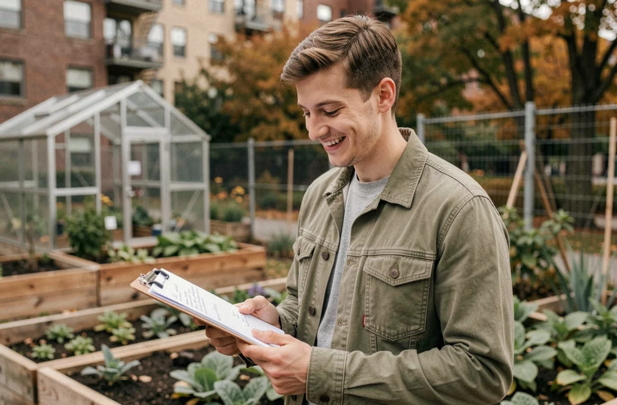 Jeune porteur de projet solidaire devant un jardin partagé soutenu par la Cress Midi Pyrénées