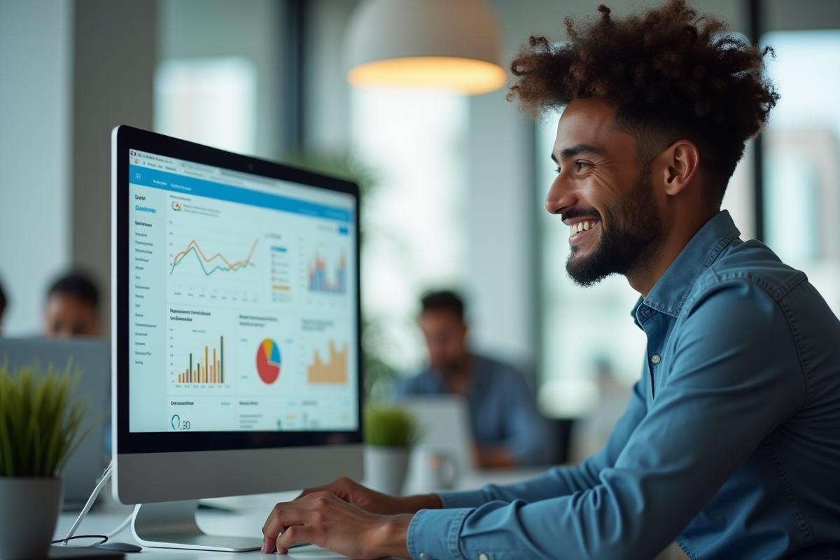 Jeune professionnel analysant des taux de conversion sur un écran lumineux