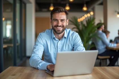 Jeune homme professionnel travaillant sur un ordinateur dans un bureau moderne