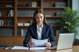 Femme juriste examinant un dossier de dépôt de brevet à l'Institut national de la propriété intellectuelle