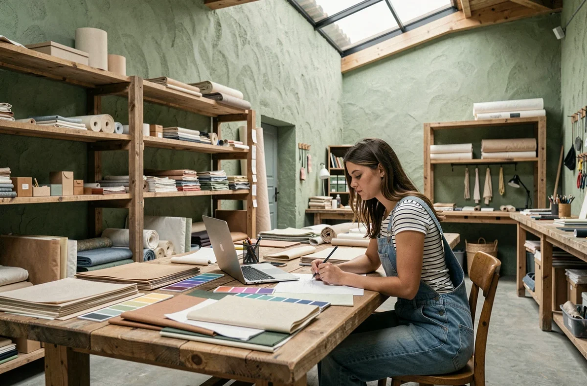La Petite Fabrique à Agde avec une jeune créatrice travaillant dans un atelier coworking artisanal aux murs en vert sauge