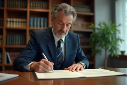 Homme en costume lisant attentivement un contrat juridique dans un bureau d'avocat moderne avec des &eacute;tag&egrave;res remplies de livres de droit