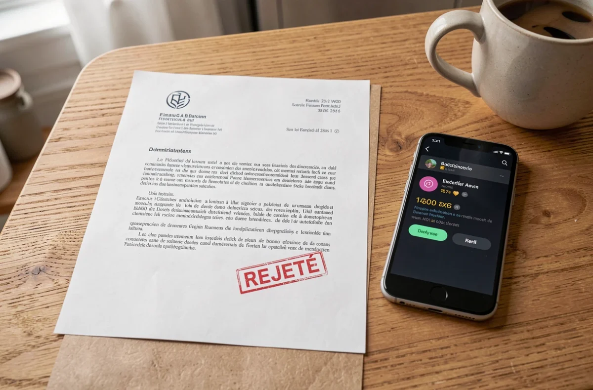 Lettre administrative de rejet de prélèvement avec tampon rouge sur une table en bois