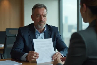 Salarié recevant une lettre de licenciement pour faute grave face à un responsable RH dans un bureau d'entreprise moderne