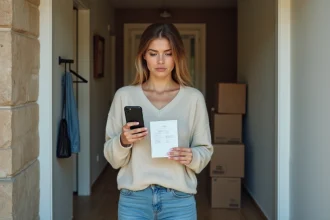 Femme avec reçu de livraison dans un appartement moderne