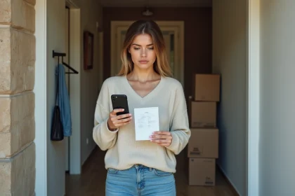 Femme avec re&ccedil;u de livraison dans un appartement moderne