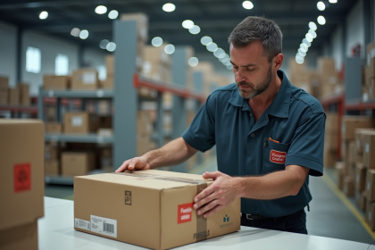 Livreur en uniforme posant un colis fragile sur une table de tri