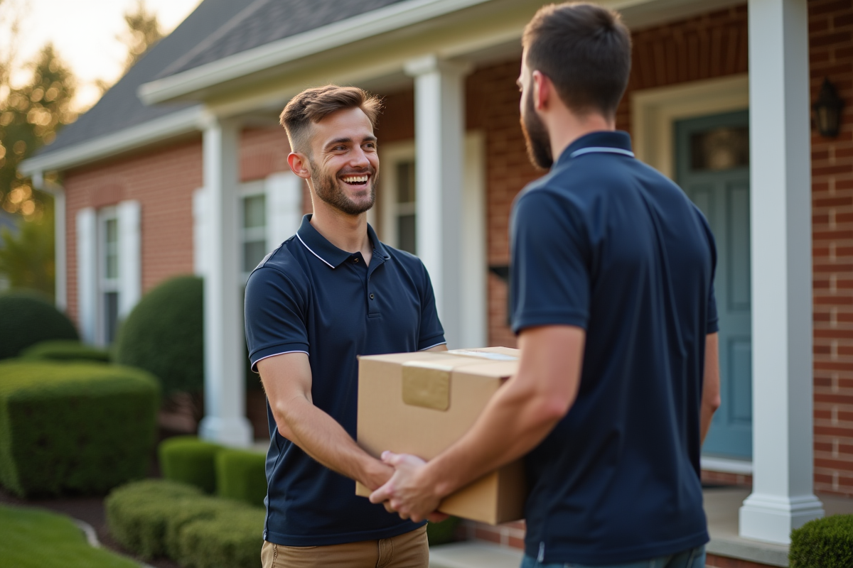 Jeune homme livrant un colis devant une maison de banlieue