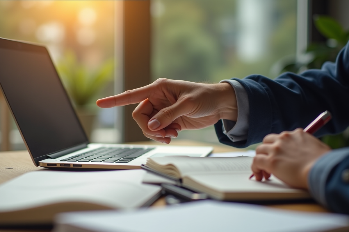 Main pointant vers le nord sur un bureau en bois avec carnet et ordinateur