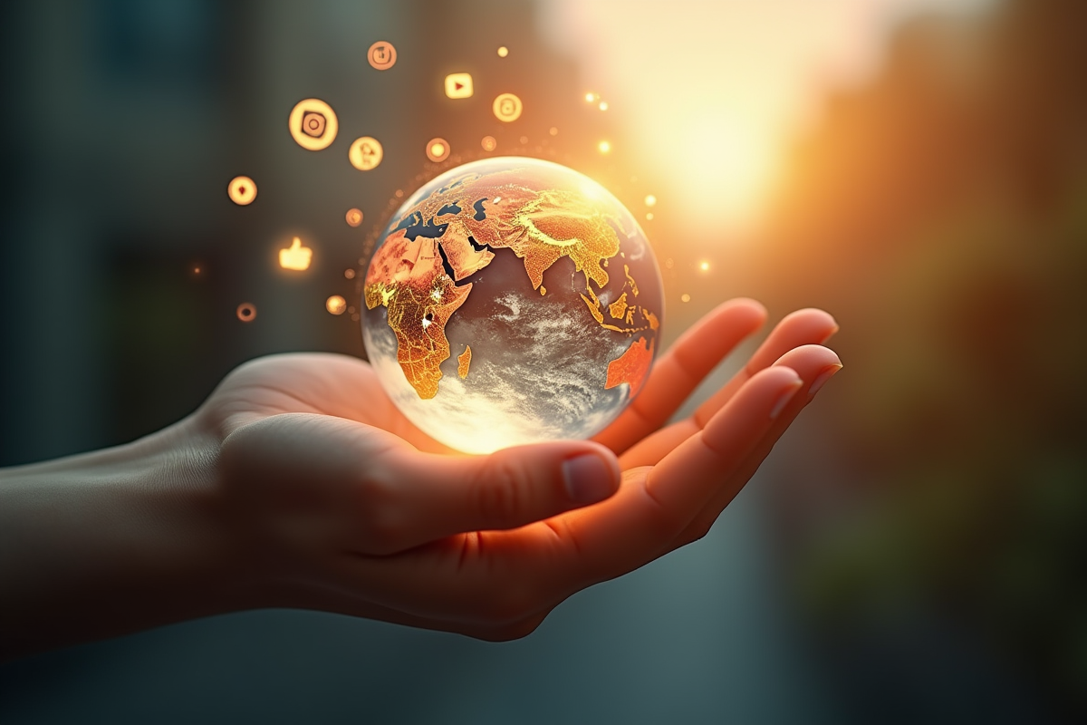 Main tenant un globe lumineux avec icones sociales