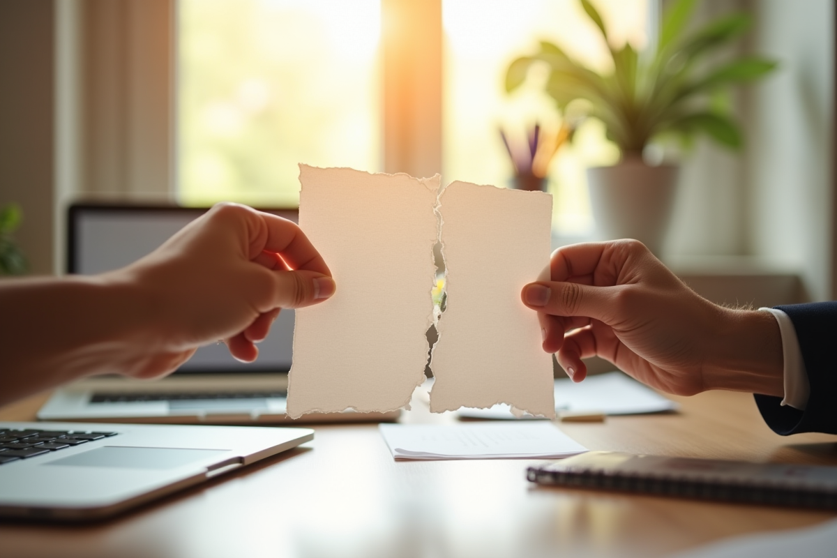 Main tenant un contrat déchiré dans un espace de travail lumineux