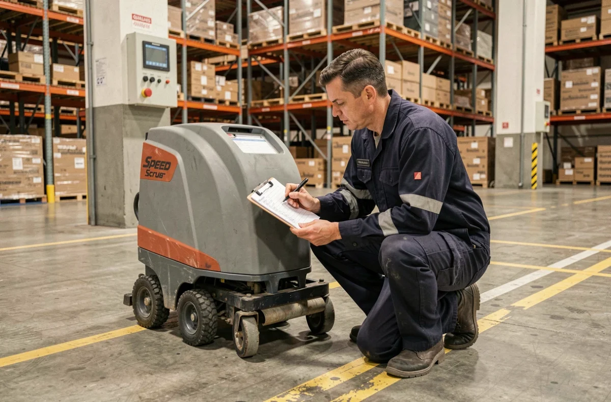 Technicien de maintenance documentant le journal de nettoyage d'une autolaveuse Speed Scrub Rider dans un entrepôt logistique lors d'un contrôle qualité