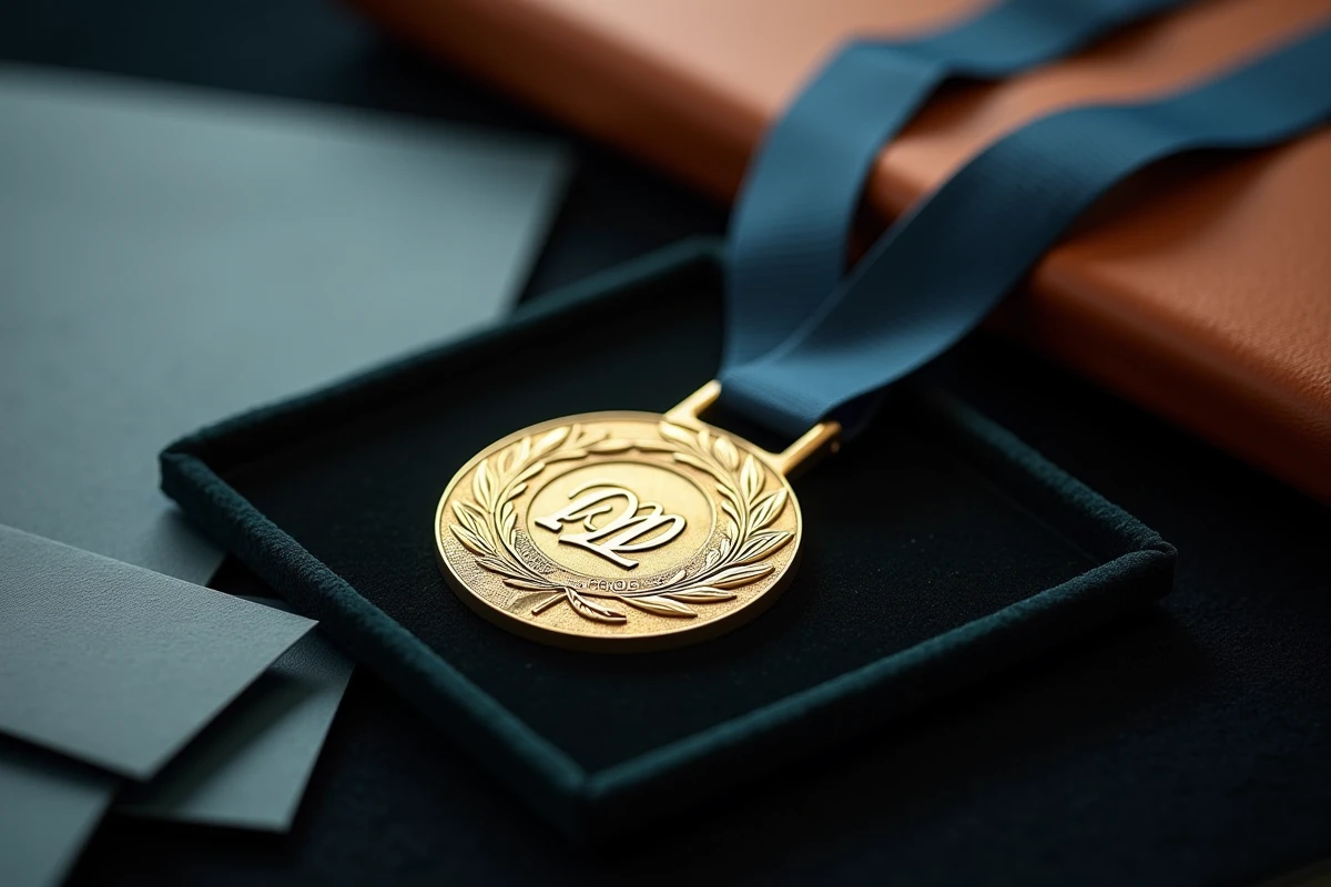 Médaille du travail en or et argent posée sur velours sombre avec document officiel et enveloppe