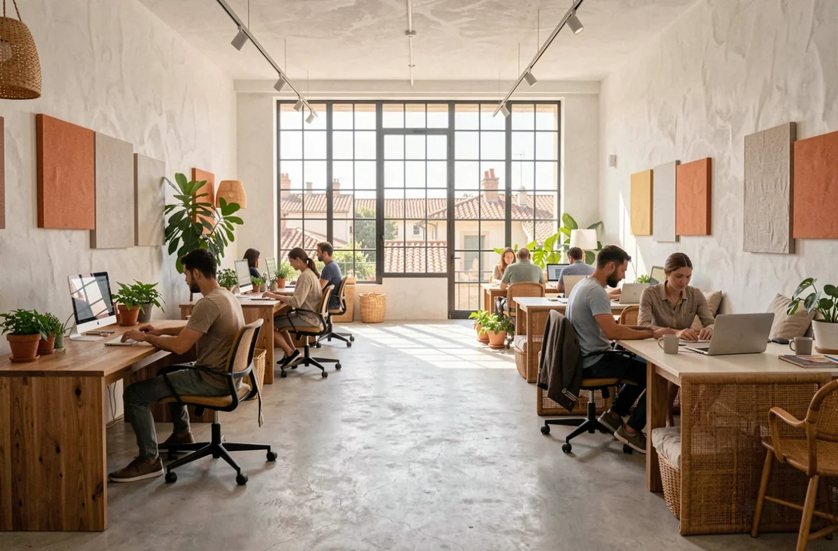 Espace de coworking moderne et animé dans l'Hérault avec des professionnels au travail dans un loft lumineux aux touches méditerranéennes