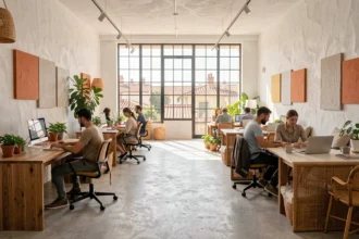 Espace de coworking moderne et animé dans l'Hérault avec des professionnels au travail dans un loft lumineux aux touches méditerranéennes