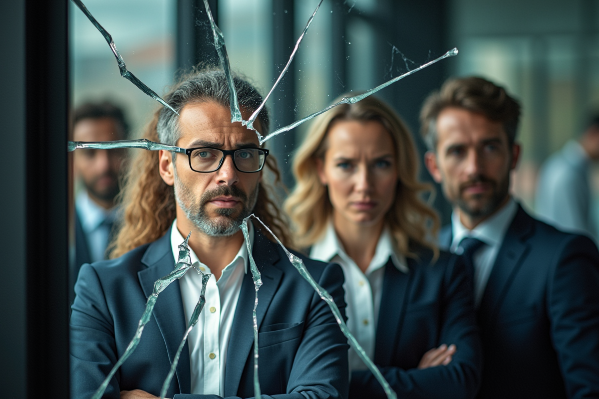 Miroir brise reflechant des visages inquiets de professionnels