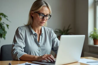 Femme utilisant un ordinateur portable pour mettre à jour ses données personnelles sur un extranet en ligne
