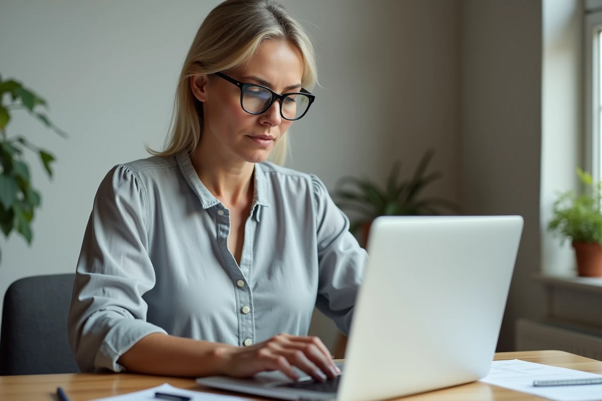 Femme utilisant un ordinateur portable pour mettre à jour ses données personnelles sur un extranet en ligne