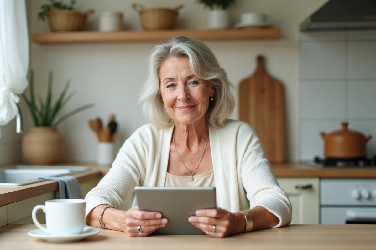 Femme mature consultant un extranet sur tablette pour modifier ses informations personnelles depuis chez elle