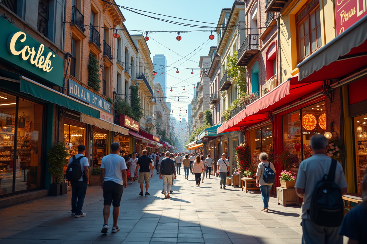 Nouvelle boutique colorée dans un marché animé en ville