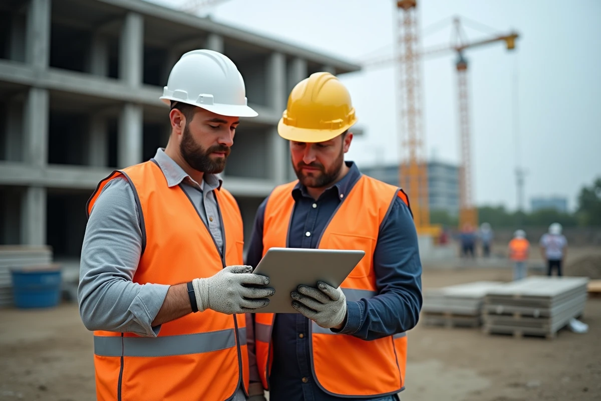 Deux ouvriers BTP consultant une application de devis numérique sur tablette sur un chantier de construction actif