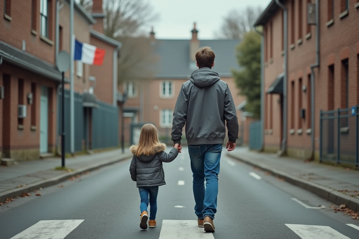 Père et fille devant une école en France