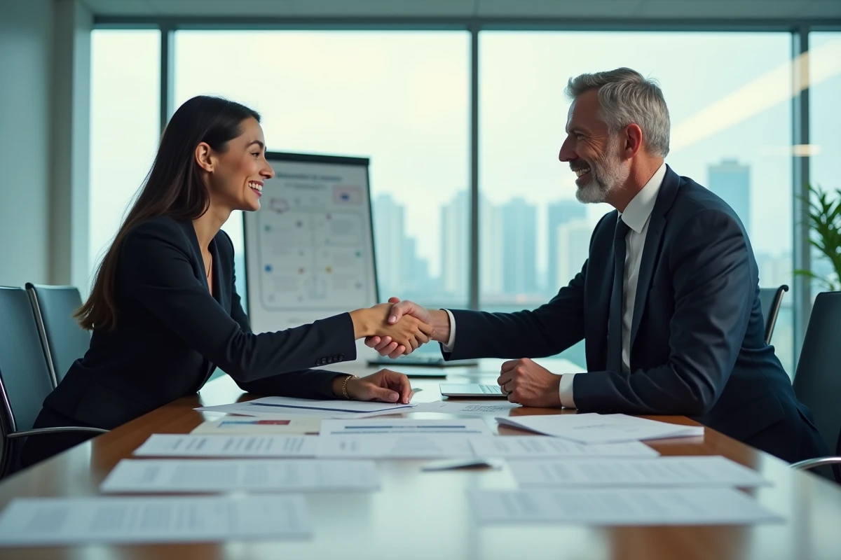 Deux professionnels en poign&eacute;e de main lors d'un partenariat commercial international autour de documents officiels