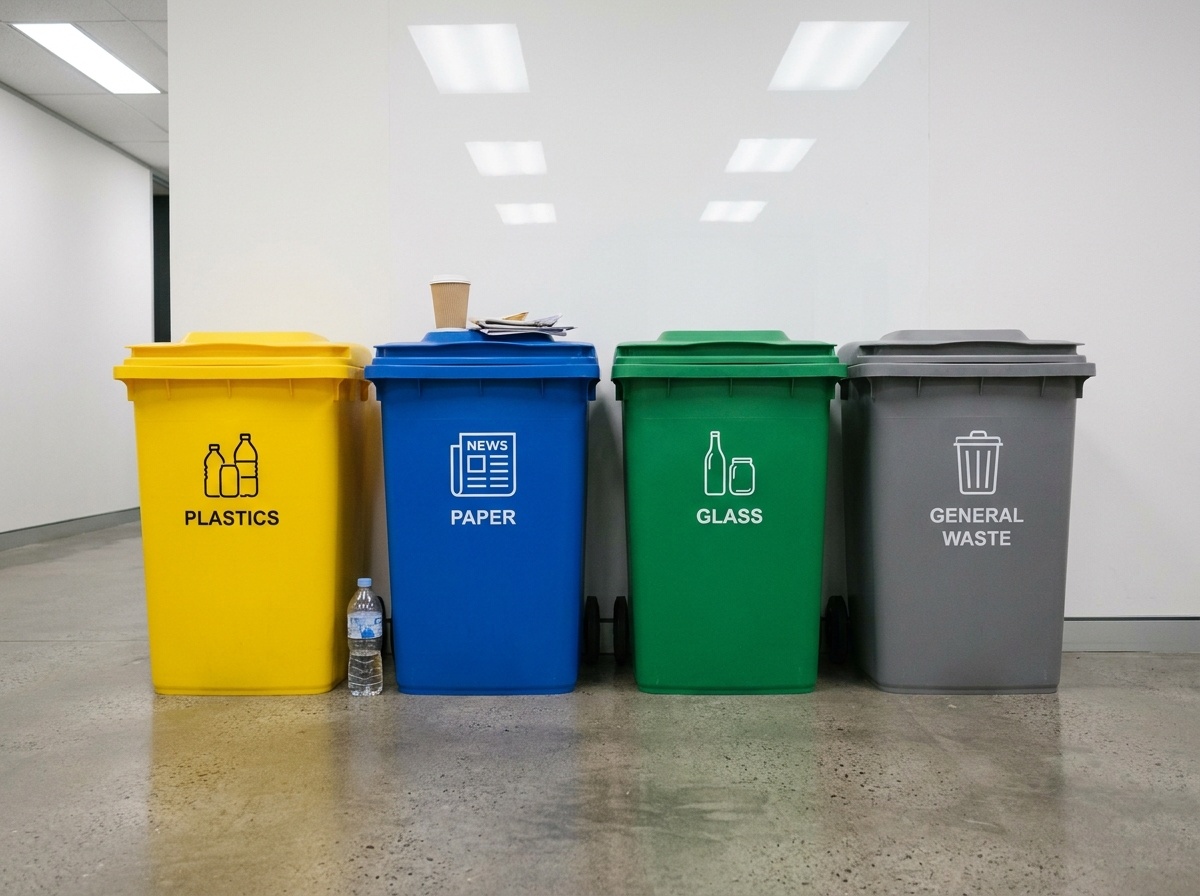 Rangée de quatre poubelles de tri sélectif colorées et étiquetées contre un mur de bureau avec déchets du quotidien
