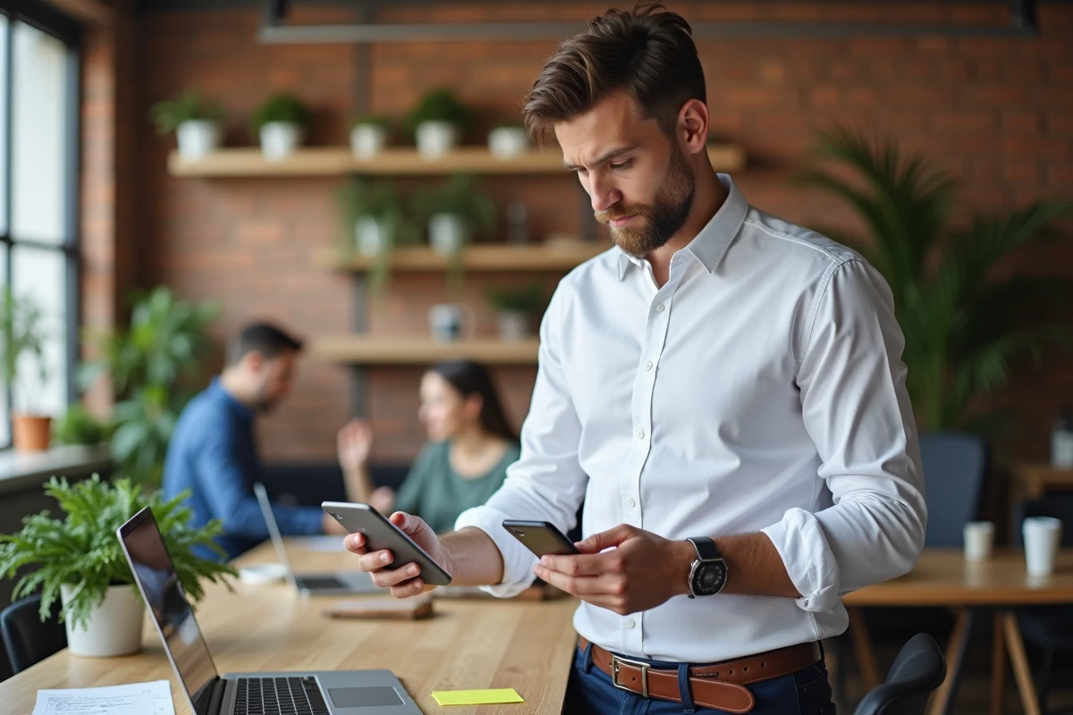Jeune professionnel comparant des alternatives au service client DHL sur smartphone dans un espace de coworking
