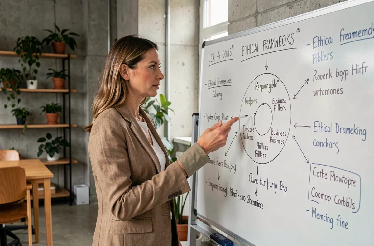 Une professionnelle du marketing explique les principes d'un marketing responsable devant un tableau blanc rempli de schémas éthiques dans un bureau moderne.