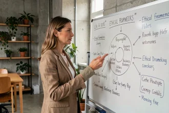 Une professionnelle du marketing explique les principes d'un marketing responsable devant un tableau blanc rempli de schémas éthiques dans un bureau moderne.