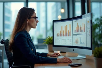 Professionnelle analysant des données de veille marché B2B sur un écran d'ordinateur dans un bureau moderne