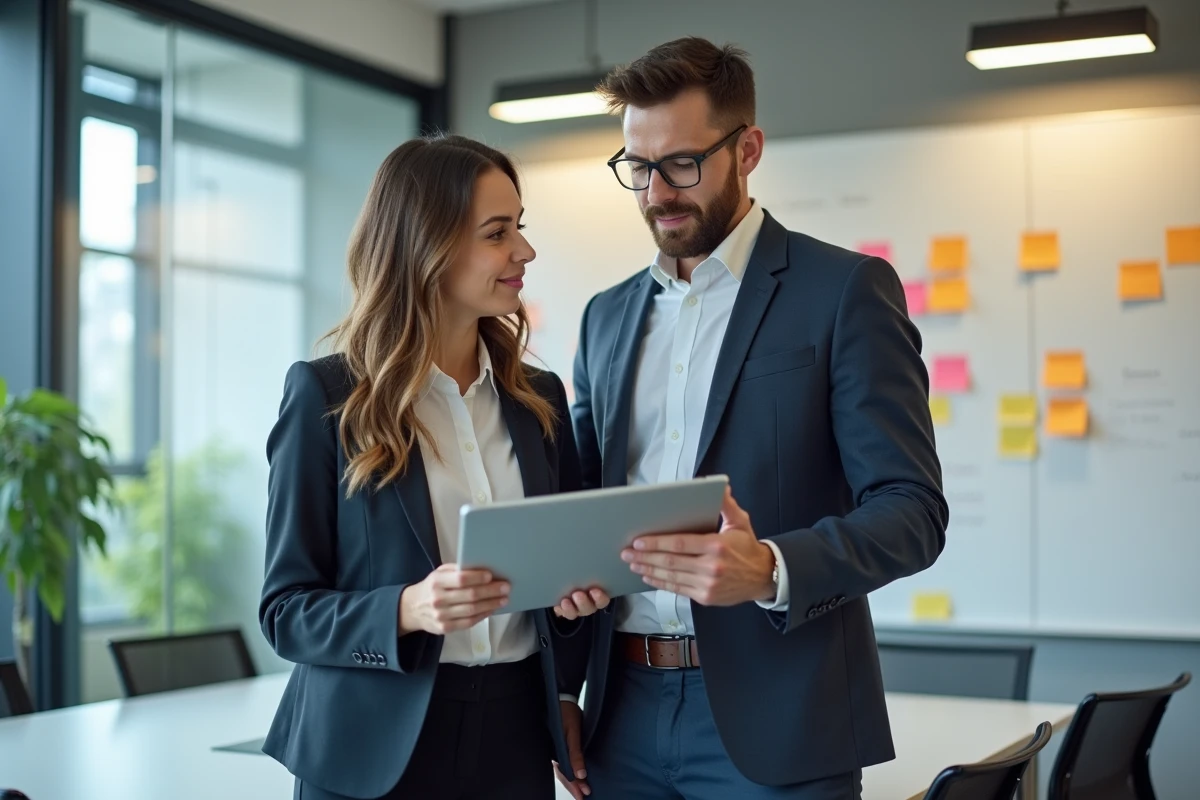 Deux professionnels discutant des options d'abonnement au journal des entrepreneurs dans une salle de réunion startup