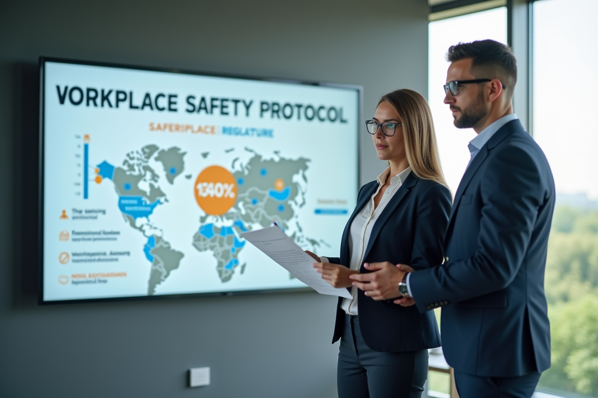 Deux professionnels en réunion dans un bureau moderne avec infographie sécurité