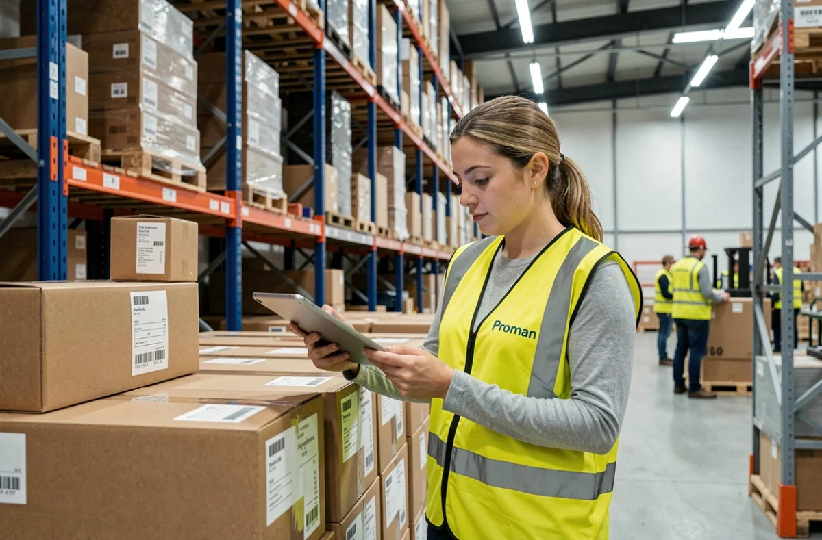 Intérimaire Proman en logistique scannant des colis dans un entrepôt de Seine-Saint-Denis