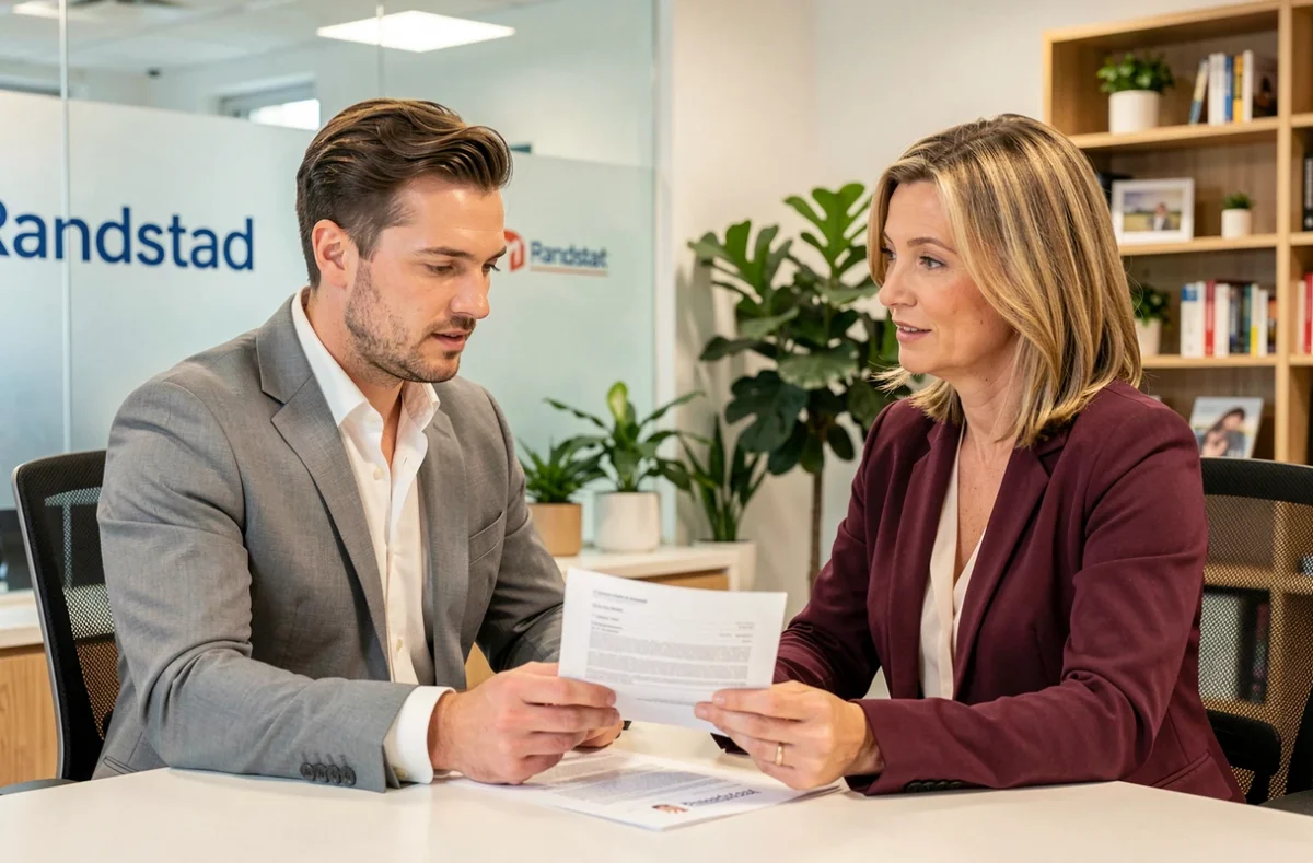 Recruteur Randstad et candidat en entretien dans les bureaux tertiaires du 93