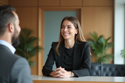 Femme d'affaires accueillant un client dans un hall moderne