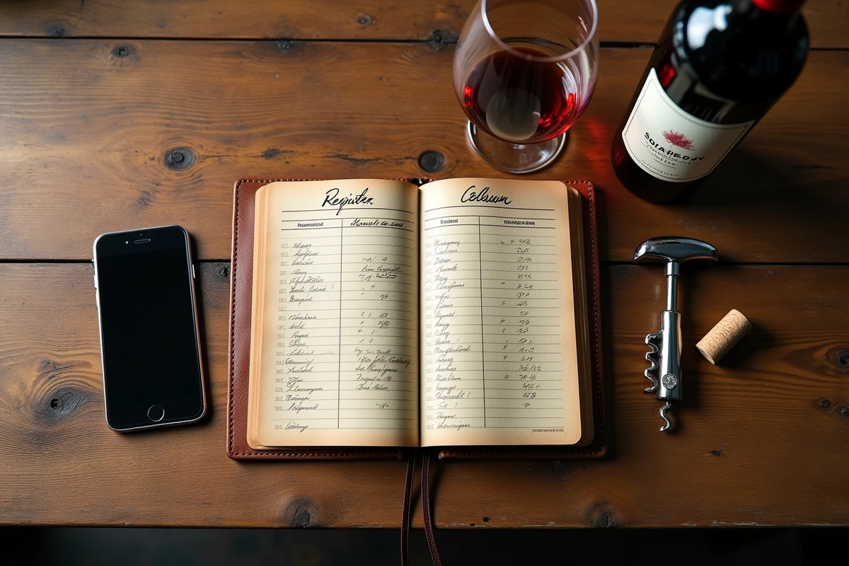Vue en plongée d'un registre de cave manuscrit, un smartphone avec une application de cave et une bouteille de Bordeaux sur une table en chêne