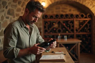 Un homme consultant son registre de cave papier tout en inspectant une bouteille de vin rouge dans une cave en pierre